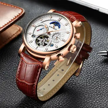 KINYUED originální hodinky mechanické tourbillon diamond hodinky pro muže luxusní ležérní módní řemínek kůže muži hodinky 2020 moderní
