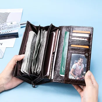 KONTAKT Pravé Kůže muži dlouhé Peněženky na zip mince kabelku velkou kapacitu samec spojka peněženka pro iPhone pas Cartera