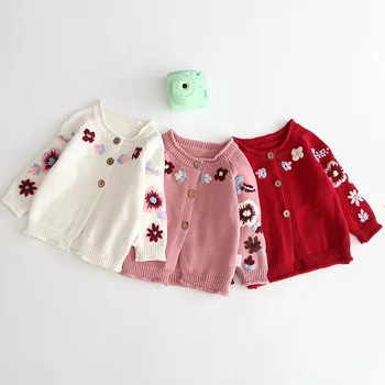 Knit Cardigan Dětská Podzimní Zimní Dětská Dívčí Kabát Novorozence Vyšívané Pletená Bunda Dětská Dívčí Svetr Oblečení Dětské Svetr