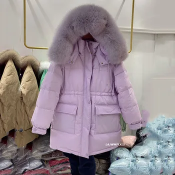 Korejský 90% Bílá Kachna Dolů Zimní Kabát Ženy dolů Bundy Velké Přírodní Fox Kožešiny s Kapucí Bundy Ženy Tlusté Teplé Sníh Vynosit