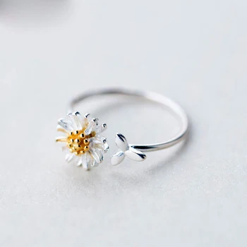 Korejský Real 925 Sterling Silver Daisy Květinové Prsteny Pro Ženy Nastavitelný Snubní Prsten Módní Šperky
