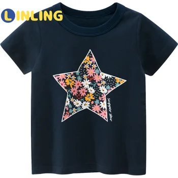 LINLING Krátký Rukáv Děti T-Košile Bavlna Batole Dívky T Košile Letní Děti Topy Tee Děti Oblečení Vánoční Trička V89