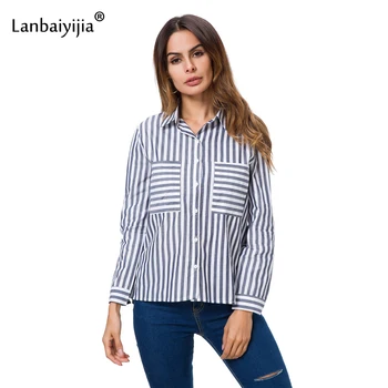 Lanbaiyijia 2018 Jaře nové košile Ženy Bavlněné Tričko šedé bílé Pruhované Košile Vpředu s dvojitým Kapsami Casual Ženy Halenka