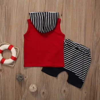 Letní Baby Boy tričko bez Rukávů Vesta s Kapucí Top + Pruhované Kalhoty 2ks Oblečení Batole s Kapucí Oblečení