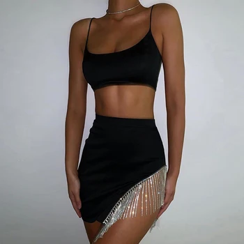 Letní Dámské dvoudílné Set Diamond Střapcem Party Sukně A Ostříhané Top Set Žen 2020 Sexy Černé Club Bodycon Ženy Oblečení