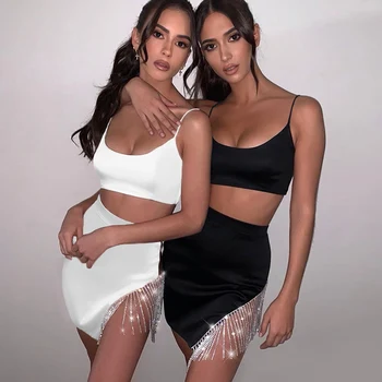 Letní Dámské dvoudílné Set Diamond Střapcem Party Sukně A Ostříhané Top Set Žen 2020 Sexy Černé Club Bodycon Ženy Oblečení