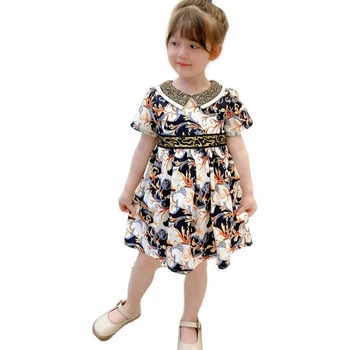 Letní nový módní styl značky děti dívka oblečení tisk klopě krátký rukáv Baby girl šaty 2-8 let