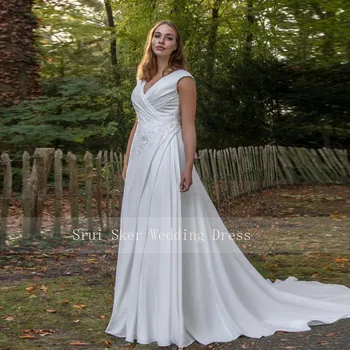 Levné Svatební Šaty Plus Velikost Satén A-line Svatební Šaty Ruched Živůtek Jednoduchý Svatební Šaty Bílé Vestidos De Noiva