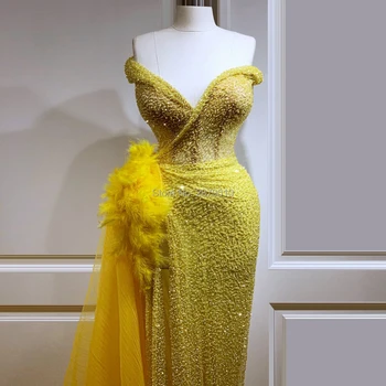 Luxusní Žluté 2020 Večerní Šaty Plášť Podlaha-Délka Peří, Korálky, Flitry Robe De Soirée Aibye Plesové Šaty Blízký Východ V Dubaji