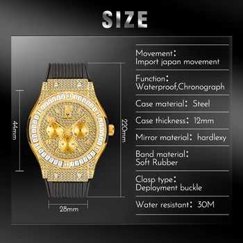 MISSFOX 2020 Nové Pánské Hodinky Top Luxusní Značky Big Dial Square Diamond Hodinky Quartz Premium Gumové Popruh Chronograf Hodinky Muži