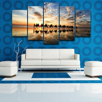 Malířské plátno Modulární Umění Zdi Zarámované Obrázky 5 Kusů Pláž, západ Slunce, Moře Velbloudi Tým Plakát Obývací Pokoj Domácí Výzdoba PENGDA