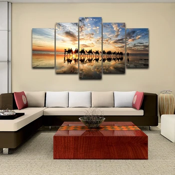 Malířské plátno Modulární Umění Zdi Zarámované Obrázky 5 Kusů Pláž, západ Slunce, Moře Velbloudi Tým Plakát Obývací Pokoj Domácí Výzdoba PENGDA