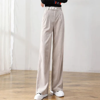 Manšestr široký nohou kalhoty žen Jaro vysoký pasu Rovný ležérní velké velikosti kalhoty Nové korejské ženy štíhlé úřadu práce nosit kalhoty