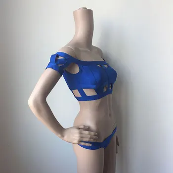 Modré Hollow Out 2 Kus Off Rameno Vysokým Pasem Bikini Sexy Ženy 2016 Nejnovější Hedvábí Obvaz Plavky