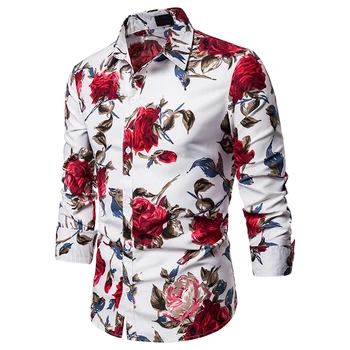 Muži Košile Muži Tričko Dlouhý Rukáv Květinové tisk Košile Nové Oblečení na Podzim Streetwear Módní Ležérní Muži Tričko