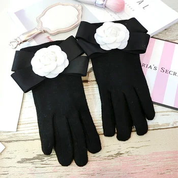 Módní Zimní Bílá Kamélie Luk Rukavice Ženy Solid Black Cashmere Touch Screen Rukavice Prst Zahušťování Teplé