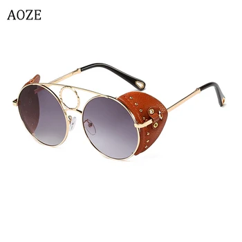 Módní styl steampunk kulaté sluneční brýle, ženy, vintage kožený shell side design značky muže, sluneční brýle, sluneční brýle odstíny UV400