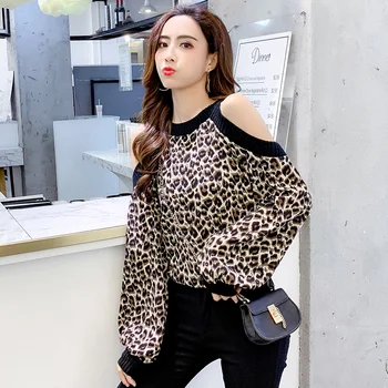 Módní žena halenky 2021 leopard tisk ženy halenka tričko sexy off rameno topy ženy dlouhý rukáv ženy košile blusas 2035 50