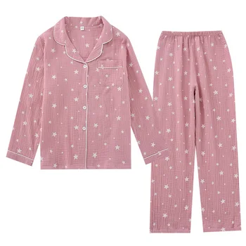 Na jaře Nové Bavlna s Dlouhým rukávem Kalhoty Pyžamo Pentagram Tisk Pijama Mujer Krep Žen a Mužů Tenké Domácí Oblečení 2 Set