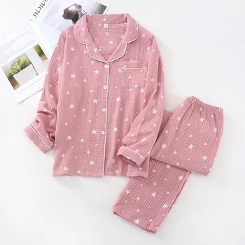 Na jaře Nové Bavlna s Dlouhým rukávem Kalhoty Pyžamo Pentagram Tisk Pijama Mujer Krep Žen a Mužů Tenké Domácí Oblečení 2 Set