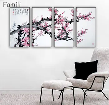 Nezarámované 4ks Red Plum Blossom Květiny, Nástěnné Obrázky Pro Obývací Pokoj Velké HD Wall Art Canvas Modulární Obrazy olejomalba