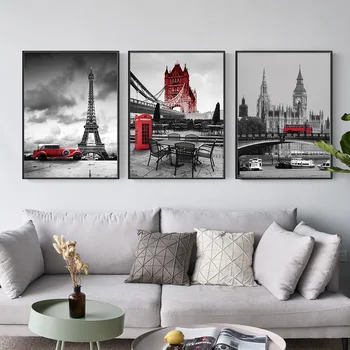 Nordic Londýn, Paříž Věž Krajina Plakát, Tisk Černý Na Bílém Pozadí Červené Auto Malování Modulární Obraz Domácí Dekoraci