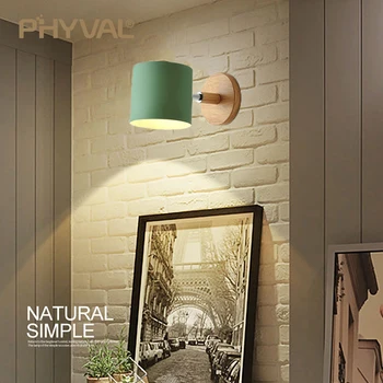 Nordic nástěnné svítidlo kreativní macaron Jednoduché válcové ložnice lampa Žehlička stínítko + masivního dřeva základny E27 elektrické zásuvky