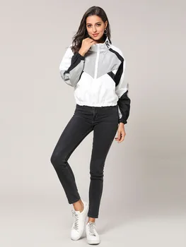 Nové Módní Bunda Ženy Zip Colorblock Větrovka Bunda Vysoká Krk Vynosit Streetwear Dámské Kabáty