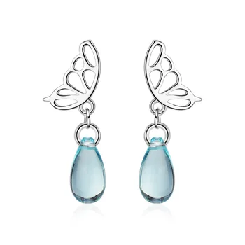 Nové Sladké Motýl Modrá Crystal 925 Sterling Silver Dámy Náušnice Velkoobchod Šperky Pro Ženy Drop Shipping Dárek