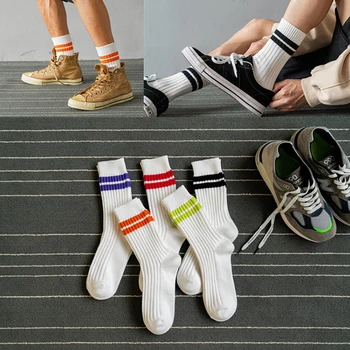 Nové bavlněné pánské ponožky tlustý závit dvojité jehly zahušťování dvou bar stripe dvou bar sportovní bavlněné mid-ponožky doporučujeme
