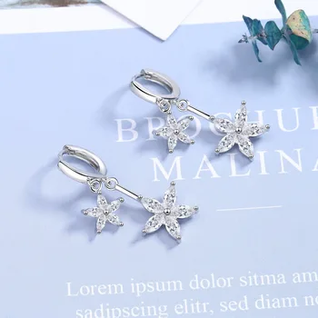 Nový Elegantní 925 Sterling Silver Crystal Květinové Dlouhé Náušnice Pro Ženy Kubický Zirkon Strana Šperky Pendientes