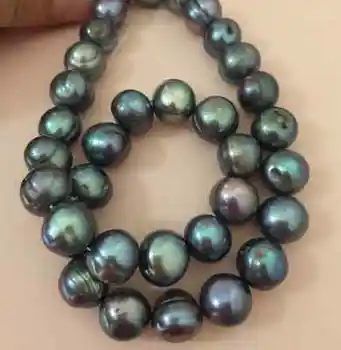 Nádherný obrovský 9-10 mm jižní moře barokní black green pearl náhrdelník, 14k 17inch