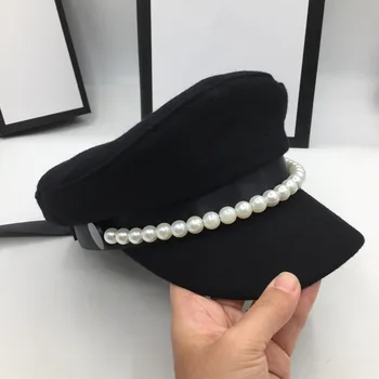 O web celebrity styl vlněný navy klobouk populární pearl dekorace elegantní módní bowknot cap je lehká a dekorace Clony