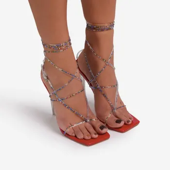 PVC Cross-Vázané Sandales Peep Toe Vysoký Podpatek Ohraničený Bling 2021 NOVÉ Letní Módní sandály Dámy Gladiator Strana Boty 42