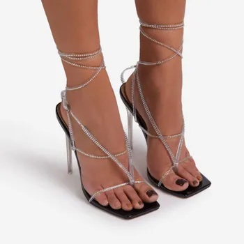 PVC Cross-Vázané Sandales Peep Toe Vysoký Podpatek Ohraničený Bling 2021 NOVÉ Letní Módní sandály Dámy Gladiator Strana Boty 42