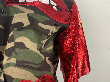 Plus Velikost Flitr Červené Rty Camouflage Camo Bunda Kabát Ženy Tlačítko Up Kapsy Vojenské Ležérní Streetwear Oblečení Chaqueta Mujer