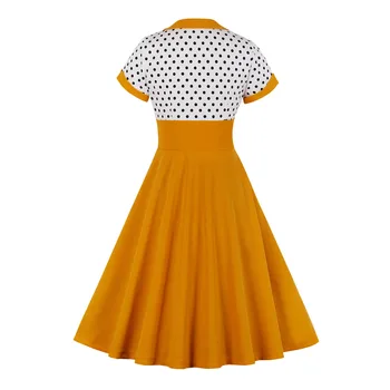 Plus Velikost Neformální 50s Vintage Ženy Šaty 4XL Dámy Žlutá Černá Polka Dot Tisk Plášť Rockabilly Swing Party Vestidos