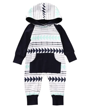 Podzimní Lovely Baby Boy Girl Romper Infant Batole Děti V Teple Bavlna Dlouhý Rukáv Geometrický Vzor Šaty S Kapucí Kombinéza Oblečení
