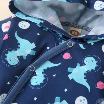 Podzimní Novorozené Dítě, Chlapec, Zimní Oblečení Bavlna Cartoon Dinosaur Planet Print Single Breasted Dlouhý Rukáv s Kapucí Baby Romper 0-12M