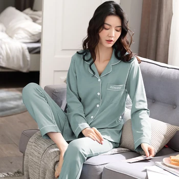 Podzimní oblečení na Spaní Woymen je Pjamas Set Dlouhý Rukáv jednobarevné Pyžamo Volné Pyžama Mujer Pro Ženy Bavlna oblečení pro volný čas, Plus Velikost 4XL