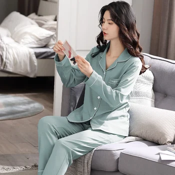 Podzimní oblečení na Spaní Woymen je Pjamas Set Dlouhý Rukáv jednobarevné Pyžamo Volné Pyžama Mujer Pro Ženy Bavlna oblečení pro volný čas, Plus Velikost 4XL