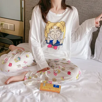 Pyžamo Ženy Podzim s Dlouhým rukávem Kalhoty Karikatura Ležérní dvoudílný Oblek Pyžamo Home Service Oblek Plus Velikosti Ženy oblečení na Spaní