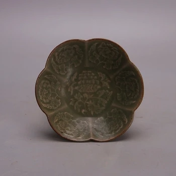 Píseň Yaozhou pece, prosklené, vyřezávané modrý květ talíře, staré starožitné objeveny starověké porcelánu
