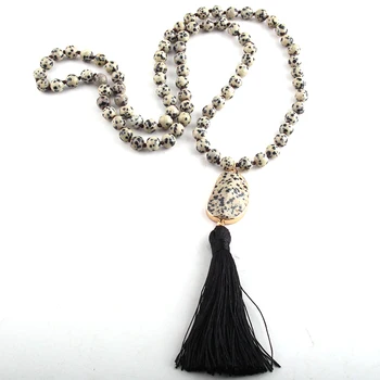 RH Módní Šperky Přírodní Dalmatské Jasp. Dlouho Vázané Černý Střapec Náhrdelník Náhrdelníky Pro Ženy