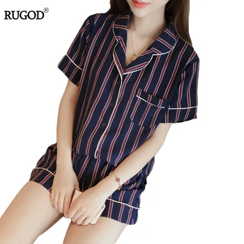 RUGOD Létě Roku 2020 Nové Módní Ženy Pyžamo Turn-down Límec oblečení na Spaní 2 dvoudílný Set Tričko+Šortky Pruhované Ležérní Pyžama soubor