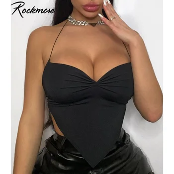 Rockmore Sexy Ruched Halter Crop Topy Ženy Y2K Camis bez Rukávů s hlubokým Výstřihem Tank Top Streetwear Letní Módní Černé Mini Vesta