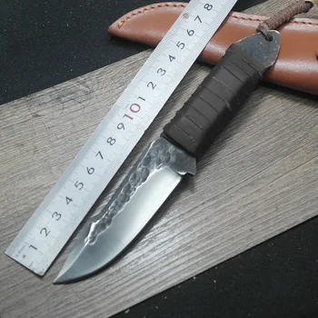 Ručně kovaný Damašek oceli lovecký nůž 60 HRC Damašek Oceli pevný nůž ebony rukojeť Kožené pouzdro army Survival nůž