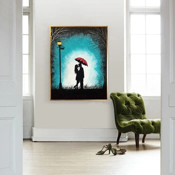 Ručně vyráběné Moderní Abstraktní Zeď Dekor Fine Art Akryl, olejomalba Dokonalá Láska Červený Deštník Kresby Ručně malované Plátno Obraz
