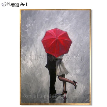 Ručně vyráběné Moderní Abstraktní Zeď Dekor Fine Art Akryl, olejomalba Dokonalá Láska Červený Deštník Kresby Ručně malované Plátno Obraz