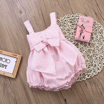 Růžové Kojenecké Děti Romper Baby Dívky Pruhované Luk Romper Kombinéza Oblečení 0-24M NOVÉ Dorazí 2016